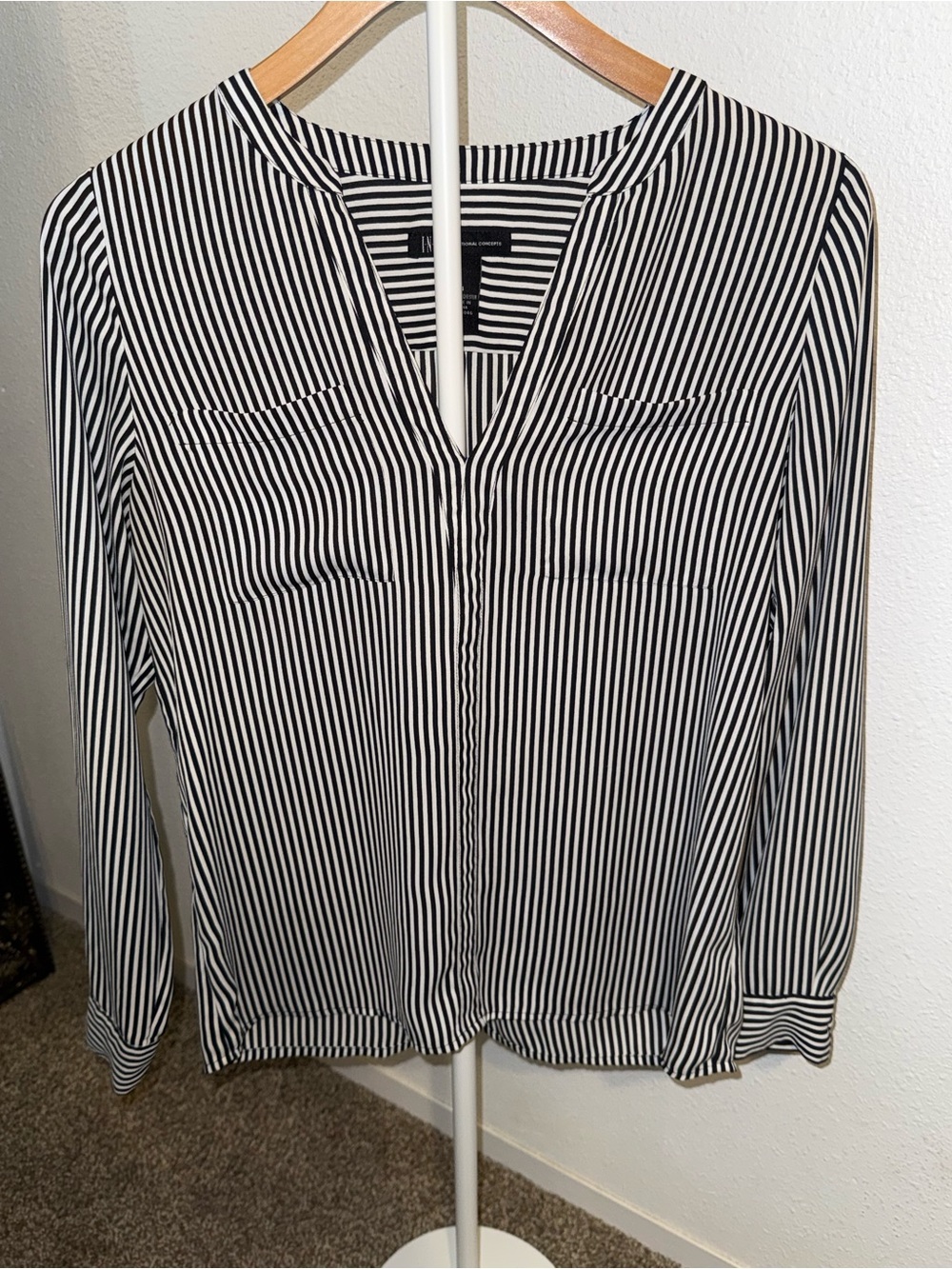 INC International Concepts Women’s Black White Striped Chiffon Pullover Blouse 4